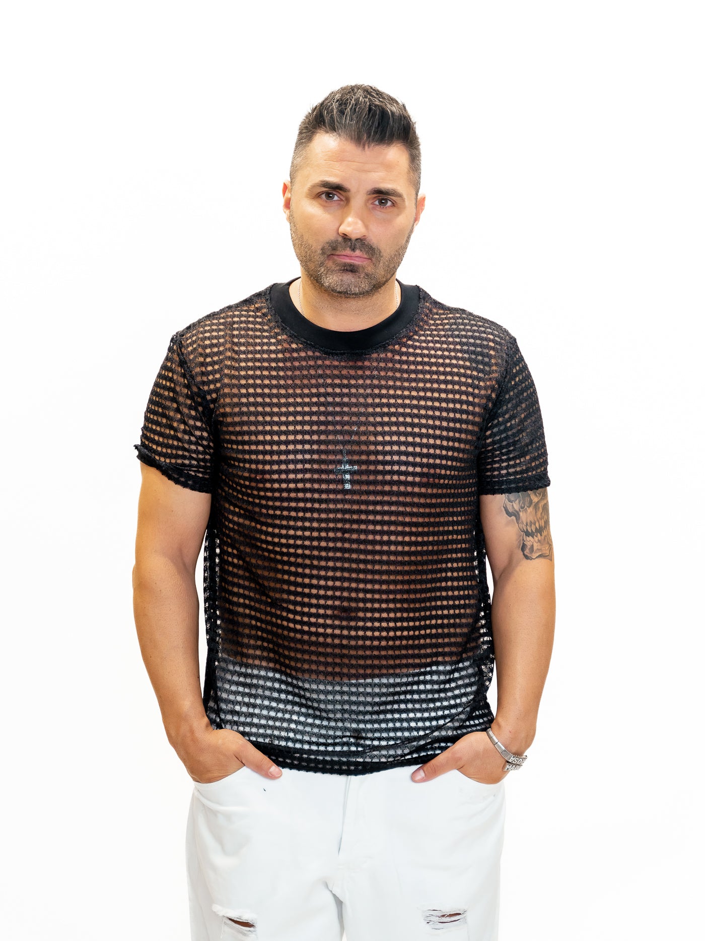 Tricou bărbați negru plasă găuri pătrate