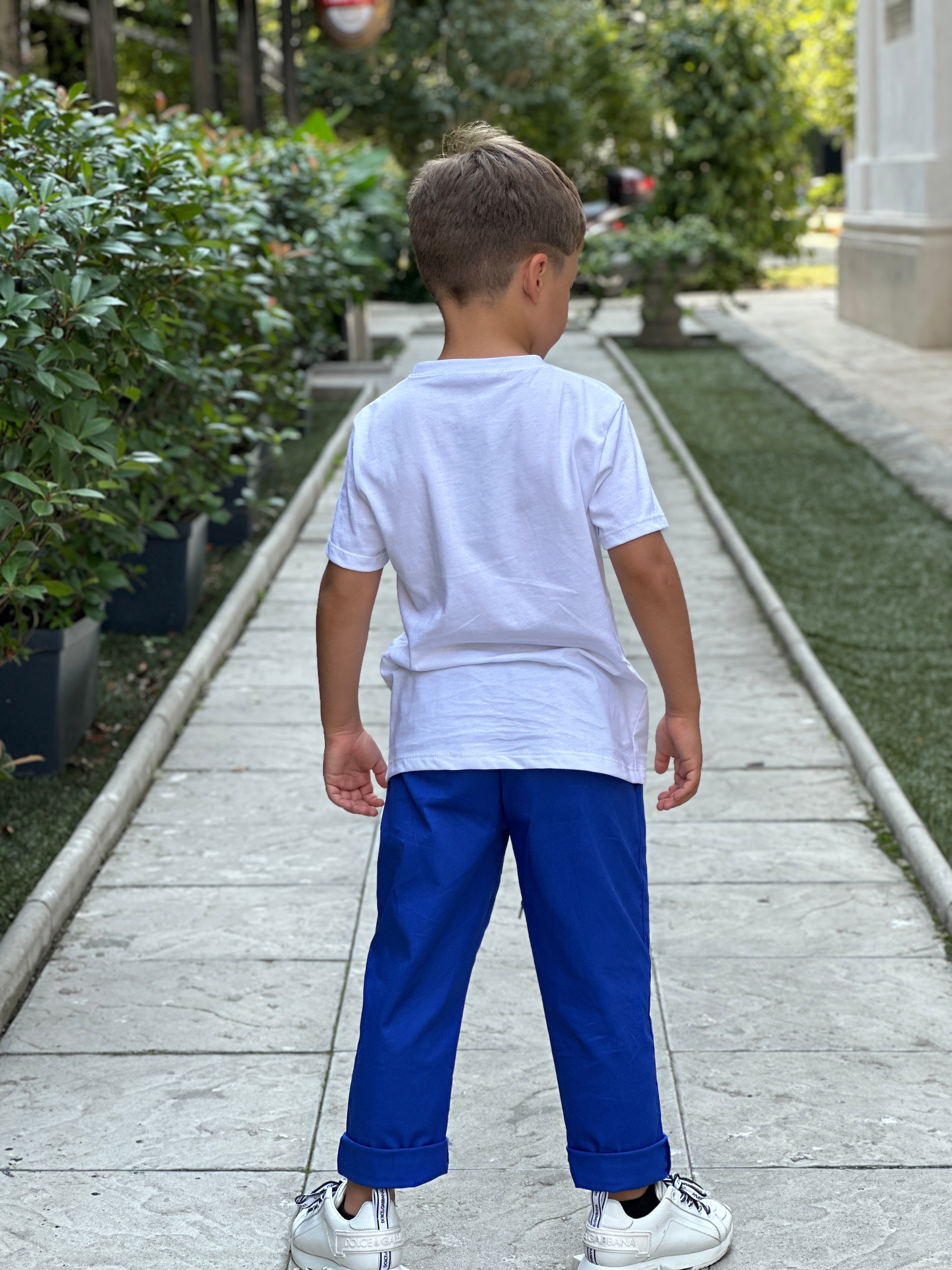 Compleu baieti pantalon albastru si tricou alb cu ursulet