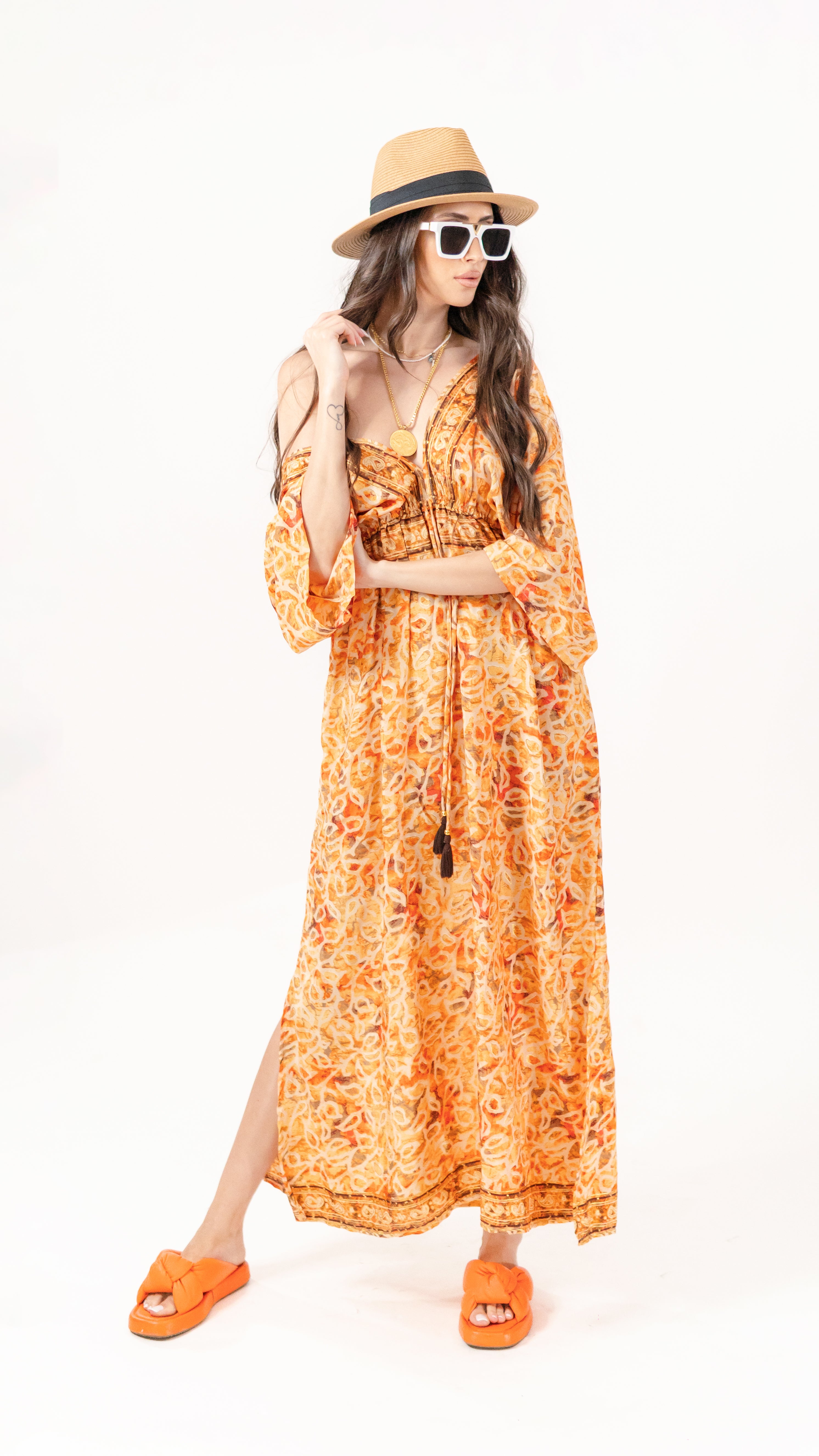Rochie femei matase orientala portocalie