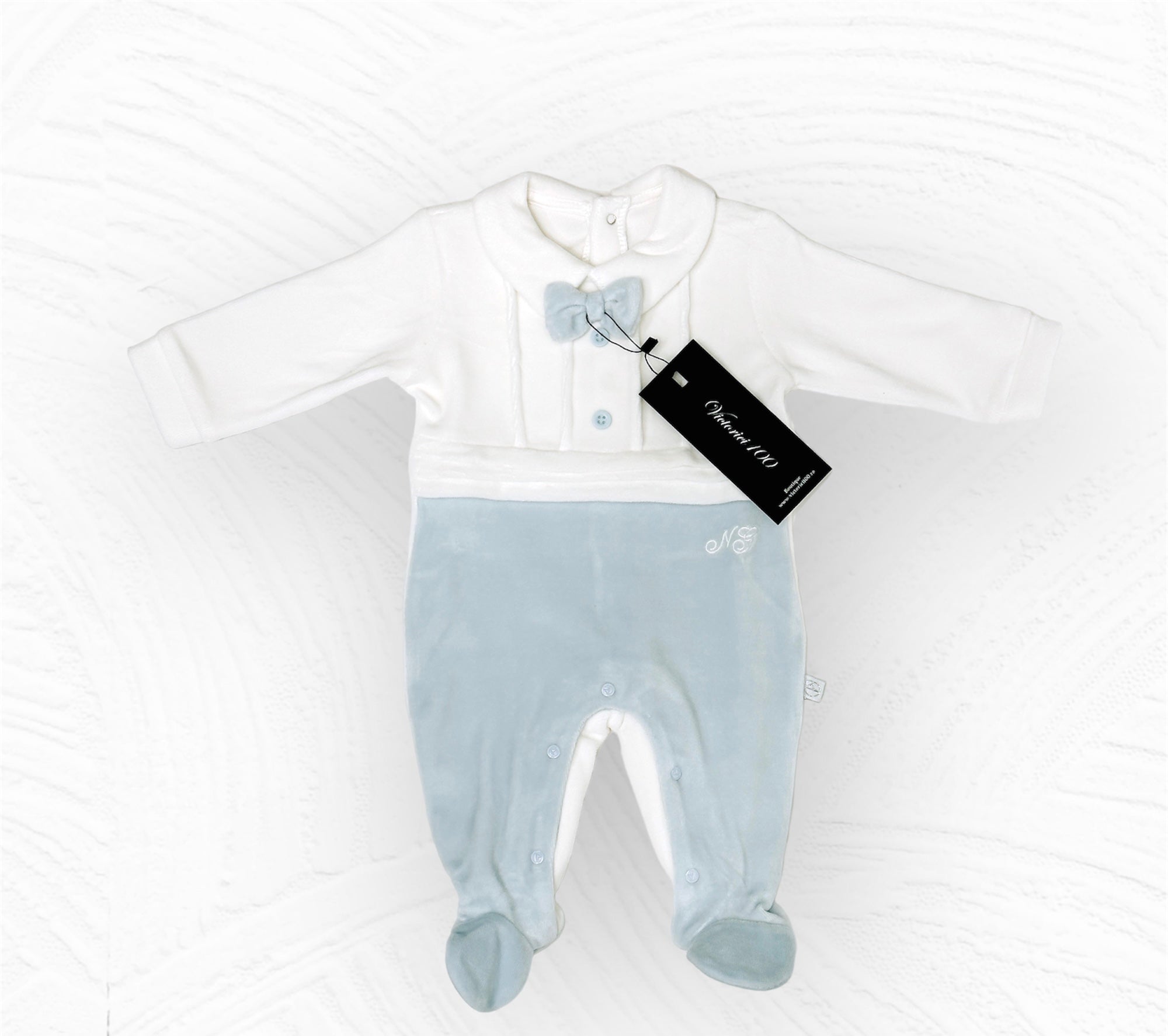 Salopetă bebeluși baieței bleu cu alb