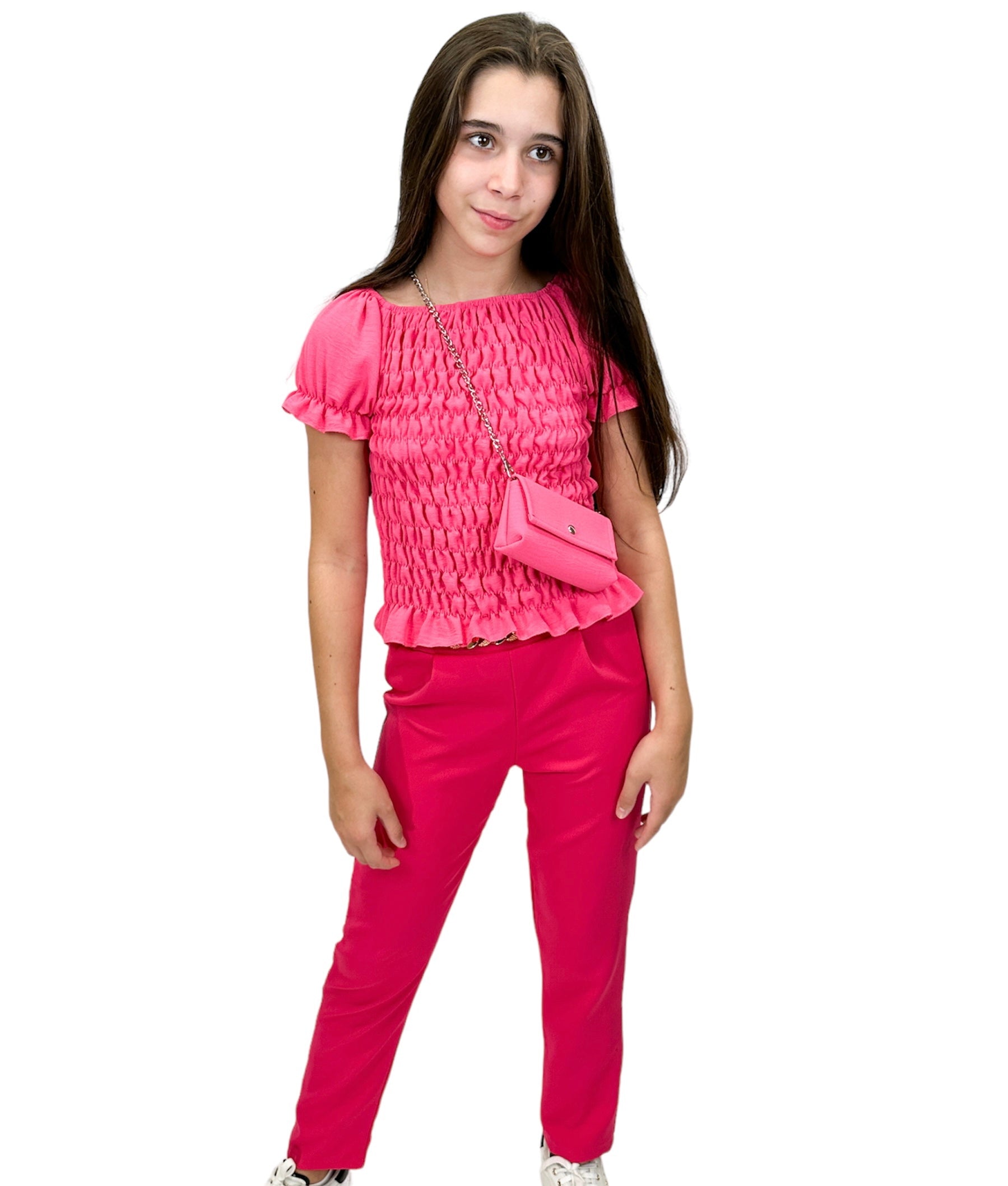 Compleu fetițe roz cu pantaloni și bluză