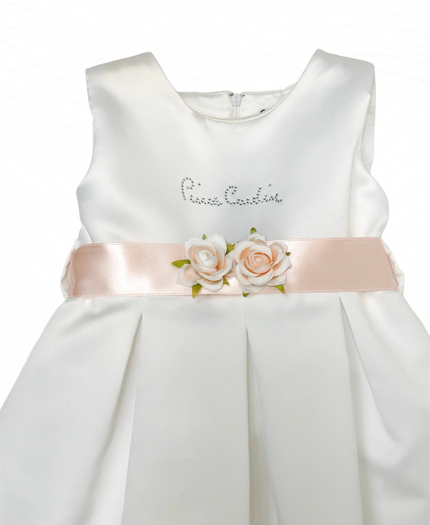Rochiță bebeluși fetițe Pierre Cardin elegantă albă cu trandafiri